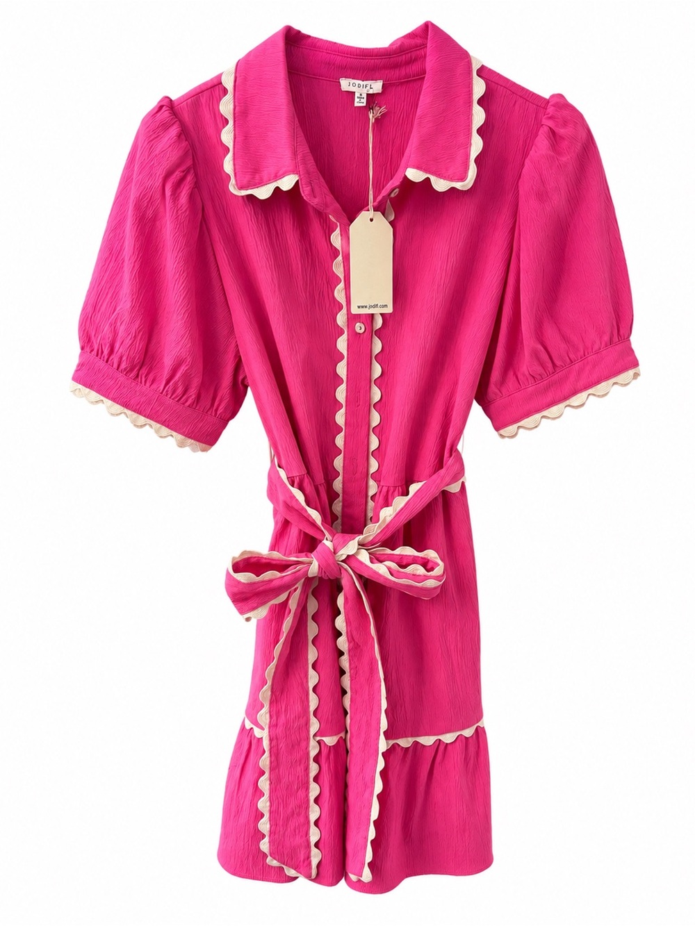 JODIFL Hot Pink Mini Shirt Dress with Cream Scallop Trim - Picture 6 of 6